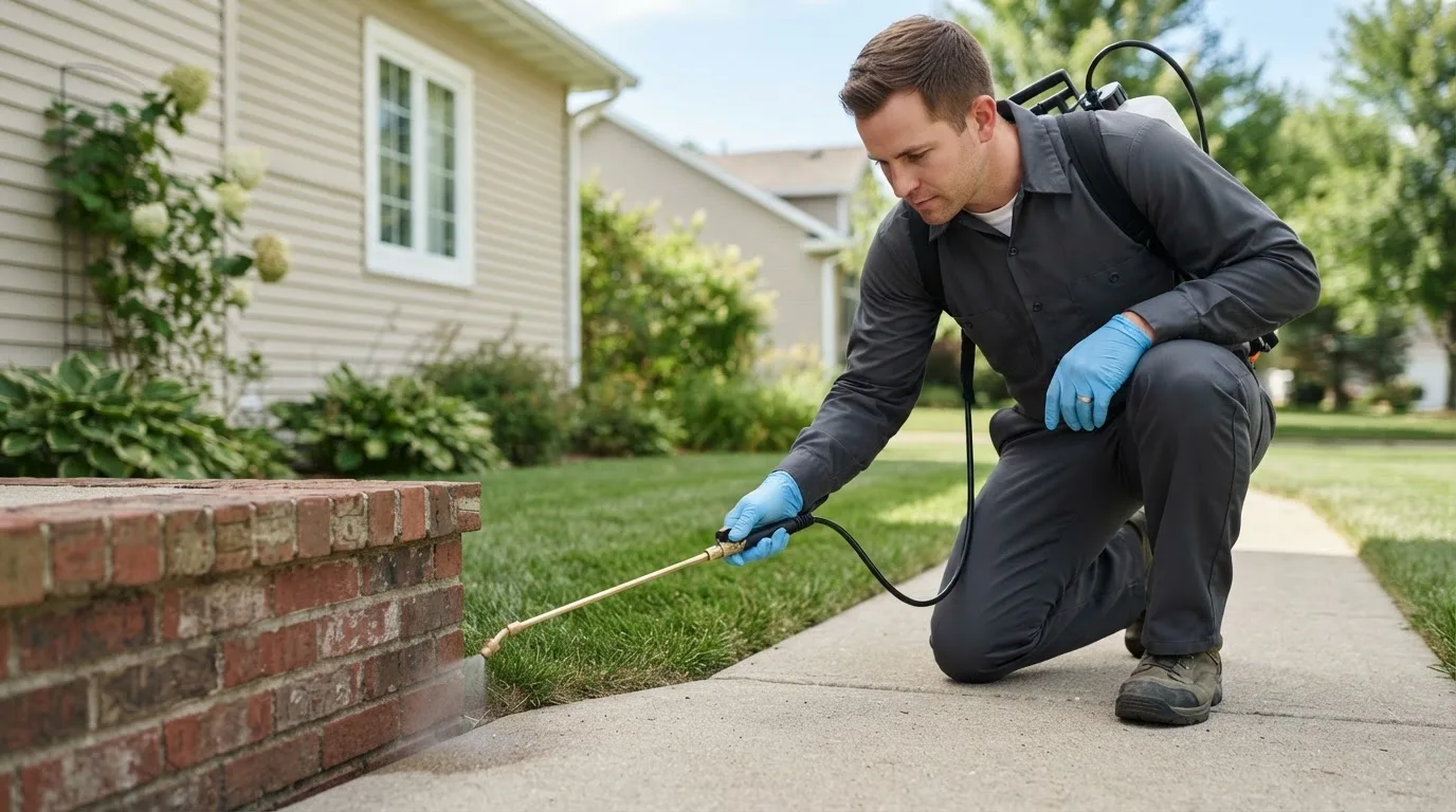 Pest control technician treating a home near Saint Francis, KS